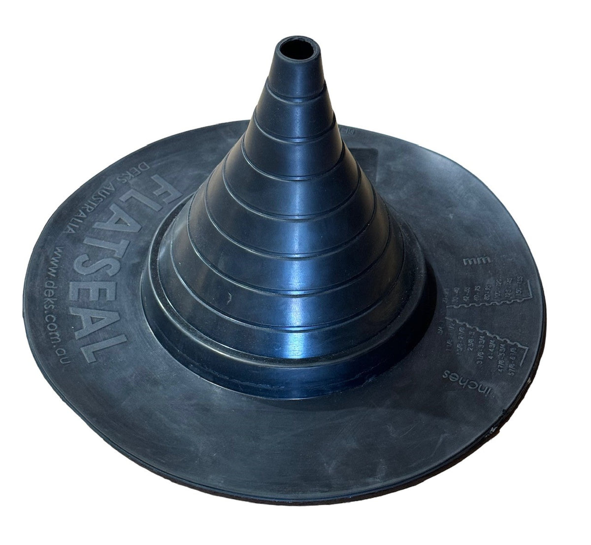 A black EPDM peel and stick pipe boot designed for achieving a watertight seal on flat roofs around protruding pipes