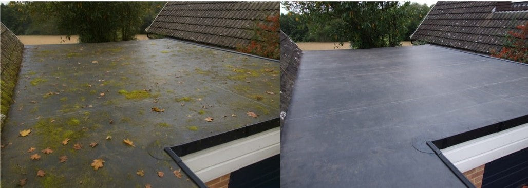 Side-by-side comparison of a flat EPDM roof before and after cleaning—left side shows moss, leaves, and dirt buildup; right side shows a clean, smooth rubber surface free of debris.